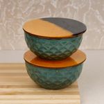 The Earth Store Studio Pottery Green Ceramic Snack Bowl with Coasters for Serving | Bowl Set with Lid for Kitchen | Dishwasher & Microwave Safe | Mixing Bowl for Snacks | 500ml Set of 2