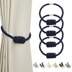 BEL AVENIR Magnetic Curtain Tiebacks, Decorative Drapery Holdbacks Modern Woven Tie-Backs with Exquisite Knot (Navy, 4 Pack)