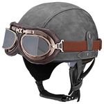 Woljay Vintage Leather Motorcycle Retro Half Helmet Men Women Adult for Scooter Bike Cruiser with Goggles and Drop Down Sun Lens (Medium, Grey)