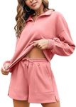 Flygo Women's Cotton 2 Piece Outfits Sweatsuit Lounge Sets Casual Half Zip Crop Top and High Waisted Shorts Tracksuit