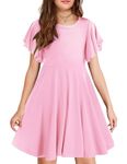 Arshiner Girls Dress Butterfly Sleeve Stretch A-Line Swing Skater Twirl School Dress with Pockets A Pink Tween 9-10 Y