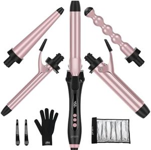 Prizm Pro Clamp Curling Iron Set,5 Interchangeable Barrel Curling Wand,Hair Wand 11 LCD Adjustable Temp,0.6 to 1.25 Inch,Bubble Wand,Tapered Curling Iron Travel Dual Voltage Rose Pink