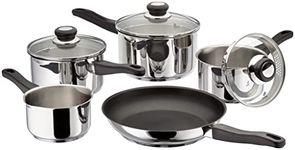 Judge Vista Draining Set of 5 Stainless Steel, 16cm 18cm 20cm Saucepans with Pouring Lip and Strainer Lids, 14cm Milk Pan, 26cm Non-Stick Frying Pan, Induction Ready, Oven Safe