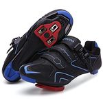 Mens Womens Cycling Shoes Compatible with Peloton Bike Indoor Outdoor Road Bike Riding Shoes with Look Delta Cleats Pre-Installed Clip in Pedal, (Black-Blue, 5)