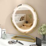 Tangkula Vanity Mirror with Lights, 3 Color Dimmable LED Lighted Makeup Mirror with 360° Rotation and Memory Function, High-Definition Round Light Up Mirror (Gold, 16" Round with Base)