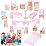 Sumind 30 Pcs Wooden Dollhouse Furniture Dollhouse Family Set of 8 Mini People Figures Dollhouse Accessories for Miniature Imaginative Play Toy