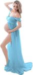 JustVH Maternity Off Shoulder Chiffon Gown for Photography Split Front Maxi Pregnancy Dress for Photoshoot, Blue 002, Small