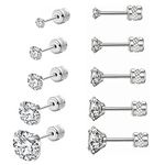 5 Pairs Stud Earrings Set,Hypoallergenic Earrings 316L Stainless Steel Double Round Cubic Zirconia Ear Ringing Jewelry for Women Men Boys & Girls 2-6mm (Silver)