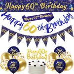 60th Birthday Decorations for Men,Navy Blue Gold 60th Birthday Party Decorations Include Happy 60th Birthday Banner,Triangle Flag Banner and Confetti Latex Balloons (60th Birthday)