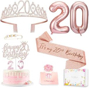 20th Birthday Decorations for Women, Birthday Sash and Crown, Cake Topper and Candles, Pop Up Card, Number Balloons, 20th Birthday Gifts for Women, 10pcs