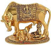LAXMI CRAFT Whitewhale Large Gold Elegant Kamdhenu Cow and Calf Metal Statue Spiritual Showpiece