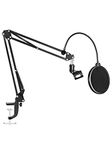 CLAPONE Microphone Pop Filter Shield Compatible with Blue Yeti Adjustable Suspension Boom Scissor Arm for Podcasting Gaming Recording Tripod Microphone Microphone Stand With Pop Filter
