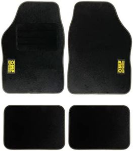 OMP Speed - Set di tappetini per auto, tappetini universali antiscivolo, logo giallo, moquette in velluto lavabile, con davanzale, 4 pezzi, colore nero