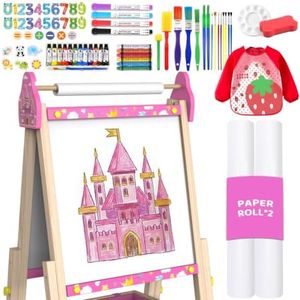 MekyrCreo Art Easel for Kids Easel for Toddlers,Adjustable Standing Wooden Toddler Easels White Board & Chalkboard for Kids,Paint Art Easel for Kids 2-4 4-8 9-12 Painting Easels Birthday Gift (Pink)