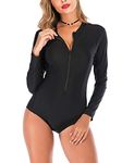 Achinel Womens One Piece Swimsuit Long Sleeve Rash Guard UV Protection Surfing Swimwear Beachwear Zip Front Wetsuit Swimming Costume Black 0729 M