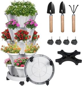 Vertical Strawberry Planter-5 Tier Stackable Herb Tower Planters Stacking Garden Planters Pot Outdoor with Tools Removable Wheels for Growing Flowers, Vegetables and Succulents