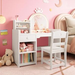 GarveeHome Kids Vanity with Lighted Mirror, 2 in 1 Princess Vanity Set Toddler Vanity Table & Chair Set with Open Bookshelf, Storage Cabinet & Shelves for Little Girls