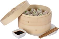 Vdomus Bamboo Steamer Basket - 10 inch Dumpling Steamer, Dim Sum & Bun Steamer with Chopsticks - Bao Bun Steaming Basket for Delicious Chinese or Asian Cuisine - Natural Wood, Brown, Round Shape