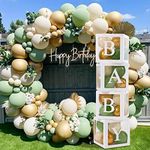 120pcs Baby Shower Decorations Boy Girl - 4Pcs Transparent Balloon Boxes and 112Pcs Green White Gold Balloons Arch Kit for Sage Green Baby Shower Decorations, Christening, Gender Reveal Party Supplies