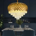 DREAMY DESIGNS 600 MM k9 Crystal Gold Chandelier for Living Room Modern, Golden Pineapple Shape Pendant Ceiling lamp Jhumar for Kitchen, Dining Table Hall, 3 Mode Light LED Plate Available