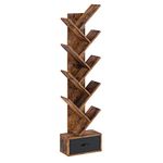 Rolanstar Bookshelf with Drawer, 9-Tier Tree Bookshelf, Rustic Brown Bookcase, Wooden Storage Rack for CDs/Movies/Books, Utility Organizer Shelves for Living Room, Bedroom, Home Office