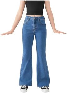 SHENHE Girl's High Waisted Flare Leg Frayed Raw Hem Bell Bottom Jeans Denim Pants Medium Wash 9Y