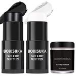 BOBISUKA Black & White Face Paint Stick with Setting Powder Set, Blendable Eye Black Sticks for Sports, Body Paints Foundation for Clown Skeleton Vampire Skull Joker Cosplay Special Effects Costume SFX Halloween Makeup Painting Kit