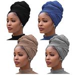 4 Pieces Stretch Jersey Turban Stretchy Head Wrap Knit Headwraps Urban Hair Scarf African Head Wrap Solid Color Ultra Soft Extra Long Breathable Head Band Tie for Women