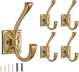 CABDM 5 Pack Decorative Heavy Duty Towel Hooks for Hanging Robe Double Brushed Brass Coat Hooks Wall Mounted with Screws for Key, Towel, Bags, Cup, Hat