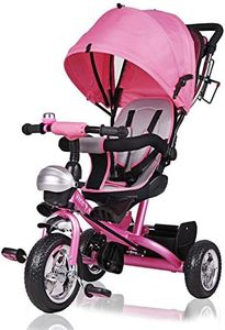 Spielwerk® Children's Pink Tricycle With Safety Belt | Push Rod | Detachable Adjustable Footrest | Roof | Removable Basket | Bicycle Trike Bike Stroller Childs Kids Toddlers Baby