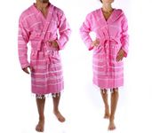 Cacala 100% Turkish Cotton Kimono Design Pestemal Unisex Bathrobe, Luxurious Soft Hooded Bathrobes for Men Women, Quick Dry Extra Absorbent Luxury Plush Long Robe Pink Small