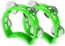 Flexzion Tambourine Hand Bell Percussion Musical Instruments (Green, 2 Pack), Plastic Music Instrument Half Moon Mini D Handheld Shaker, Jingle Bells