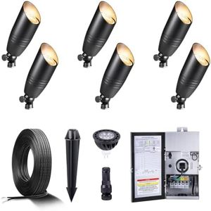 Gardenreet Black Brass Low Voltage Landscape Spotlights(6-Pack) Kit 12V LED with Low Voltage Transformer 150W & Mechanical Timer & 100FT Wire & 30Pack Connectors for Outdoor House Garden Patio