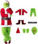 Christmas Adult Medium Santa Green Monster Costume 7Pcs Xmas Furry Santa Suit Cosplay Fancy Dress Green Outfit with Mask Hat Belt Gloves Shoes Covers for Men (Small)