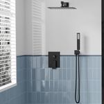 Thermostatic Shower Mixer Set, Black Square 25 x 25 cm Concealed Shower System Wall Mounted, Stainless Steel Rainfall Shower Tap Set for Bathroom, Shower Faucet Head Sprayer with Hose