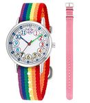 CHAOTECHY Kids Analog Quartz Wrist Watch Girls Boys Learning Watch 2pcs Change Interchangeable Textile Strap,Learning Read Time (Rainbow+Pink)