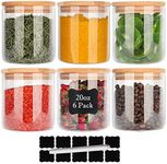 Glass Food Storage Containers Jars with Airtight Bamboo Lid 20oz 6pcs, 600ml Pantry Organization Jar, Glass Terrarium with Lid, Spice, Tea, Flour and Sugar Container, Canister Set for Kitchen Counter