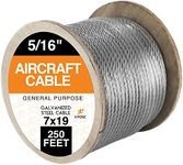 7 x 19 Galvanized Steel Aircraft Cable Wire - 5/16" - 250' Reel - 9,800 lb Break Strength Rope for Pulley System or Winch Loop - Marine Wire, Cable/Deck Railing, Fencing, Zipline - Xpose Safety