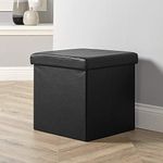 Home Source Folding Ottoman, Faux Leather Fabric Storage Square Box, Black