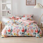 Floral Botanical Duvet Cover King, 100% Cotton 3 pcs Queen Botanical Bedding Set for Girls, Reversible Floral Themed Blossom Fresh Plant Duvet Cover, with Zipper Closure, Breathable (No Comforter)