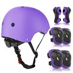 WayEee Kids Helmet and Pads Set Age 3-10 Years, Adjustable Kids Bike Helmets, Boys & Girls Kids Skateboard Helmet, Knee, Elbow &Wrist Pads Set, for Cycling, Roller Skating, Skateboard(Purple)