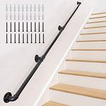 13ft/4m Staircase Handrails -OZHOMY Pipe Stair Handrail Carbon Steel Pipe Handrail, Industrial Pipe Handrail with Wall Mount Support, Round Corner Wall Handrailings for Indoor and Outdoor