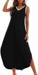 Zilcremo Women's Summer Casual Loose Sundress Long Dress Sleeveless V Neck Split Tshirt Maxi Dresses BlackGrey S