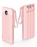 VRURC Portable Charger 10000mAh, Slim Power Bank for iPhone, Battery Pack with LED Display, 5 Output 2 Input, Built-in USB C Cables Phone Charger Compatible with iPhone,Samsung,Android etc-Pink