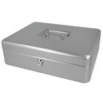 Westcott Lockable Cash Box (large, 30 cm) Silver | Lockable box made of sheet steel with 2 keys | Removable coin tray with 5 compartments | E-51002 SILVER