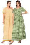 Kuruti B Sheets Nighty for Women Cotton Combo (Pack of 2 Pcs) Nighty Gown Floor Length Round Neck Short Sleeves Jaipuri Maxi Gown Free Size Yellow and Green