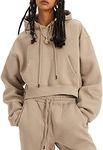 Flygo Womens Fleece 2 Piece Outfits Sweatsuit Crop Pullover Sweatshirt Joggers Pants Tracksuit Set(Khaki-S)