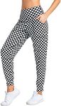 Oalka Women's Joggers High Waist Yoga Pockets Sweatpants Sport Workout Pants, Checker Black White, XX-Large