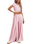 Famulily 2 Piece Outfits Sweatsuits Set for Women Matching Lounge Sets Short Sleeve Crop Tops Wide Leg Pants Casual Tracksuits Pink XL