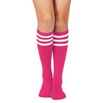 Durio Thigh High Socks Knee High Socks Sports Athletic Running Long Tube Socks for Women with Triple Stripes Casual Stockings 1 Pack Hot Pink White One Size